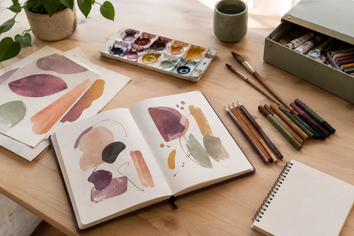 Matériel de dessin et de peinture organisé sur une table pour préparer un projet créatif.