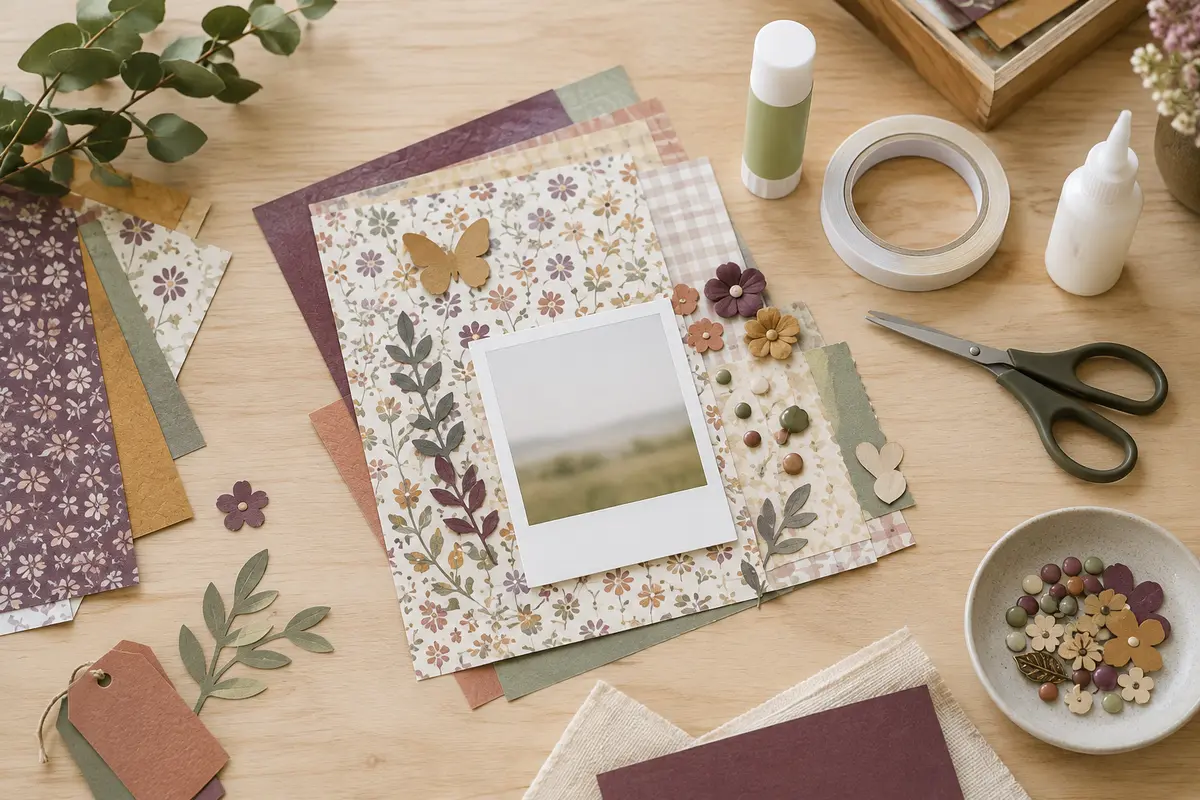 Papiers, photo et embellissements disposés à côté de plusieurs formats de colle créative.