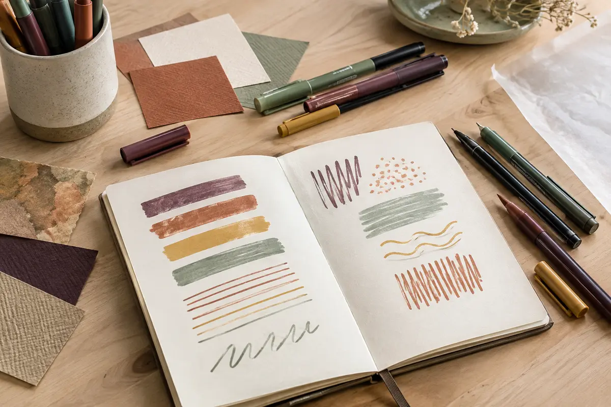Feutres de dessin et échantillons de papier pour comparer les pointes et les couleurs
