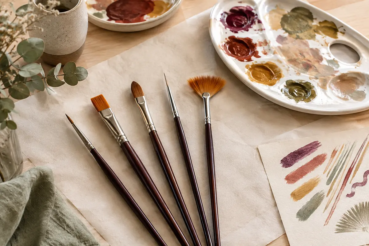 Pinceaux ronds, plats et en éventail disposés près d’une palette et de traces de peinture