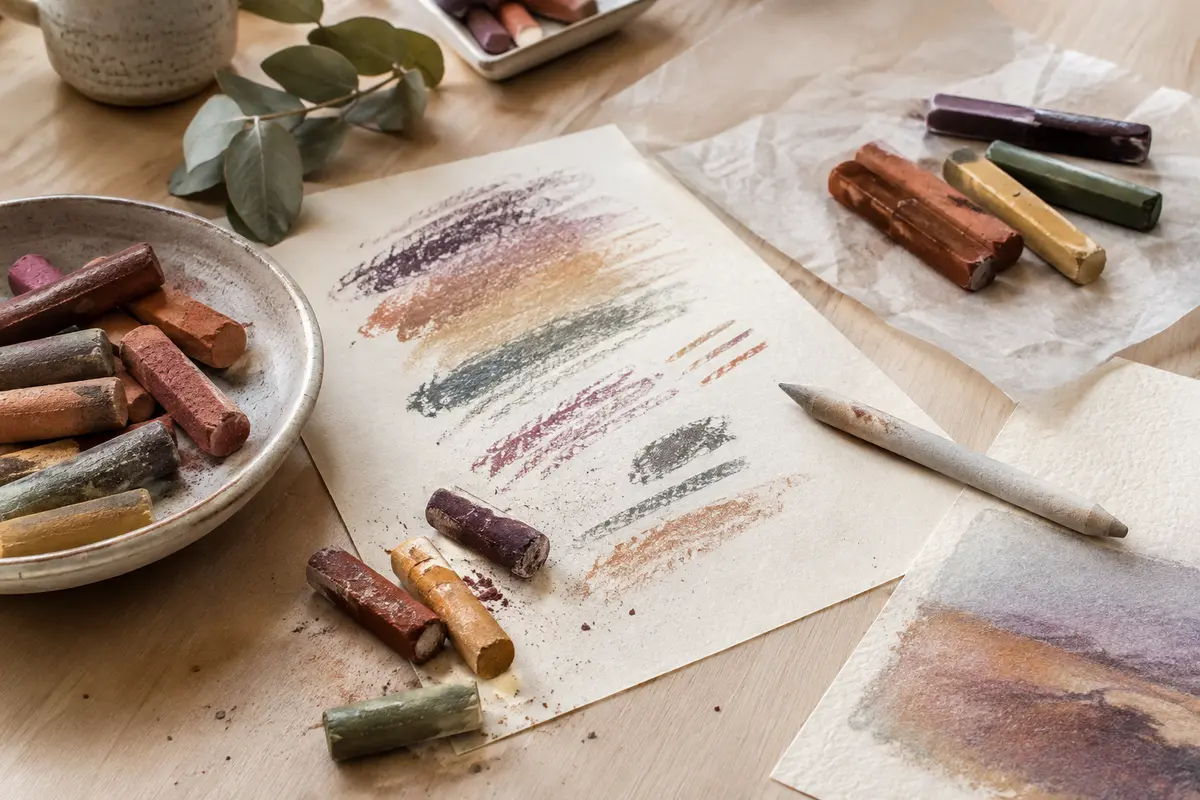 Pastels secs et pastels gras posés près de feuilles texturées avec des essais de couleurs