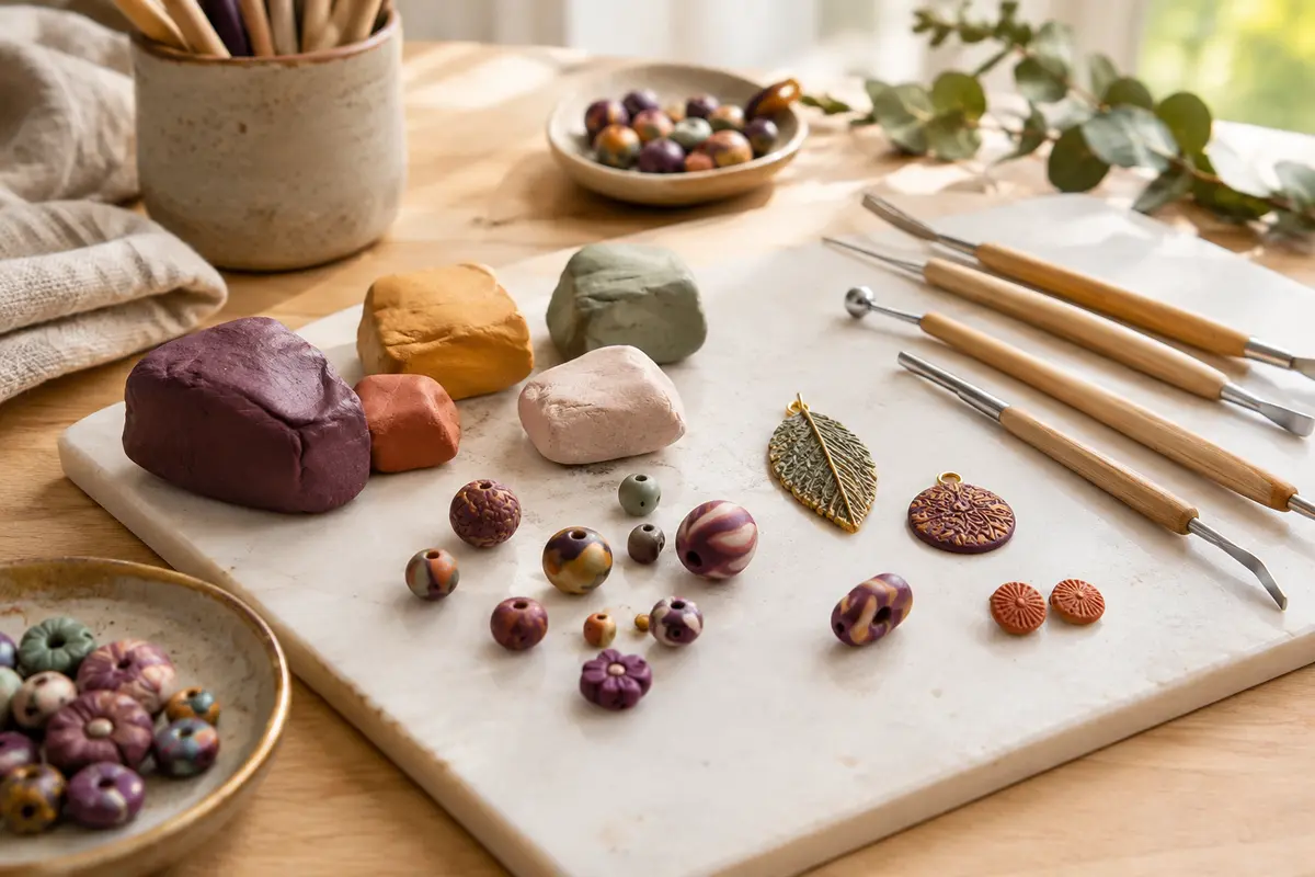 Pâtes polymères colorées, outils de modelage et petits bijoux présentant différents niveaux de détail