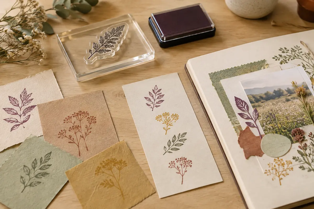 Tampon créatif, coussinet d’encre et chutes de papier préparés pour tester une empreinte de scrapbooking