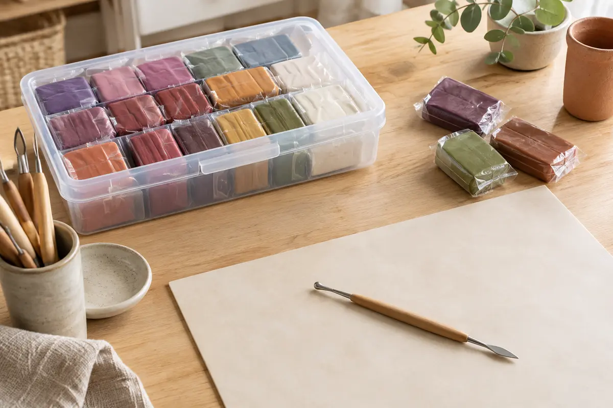 Pâte polymère de plusieurs couleurs emballée séparément et rangée dans une boîte propre à l’abri de la poussière.