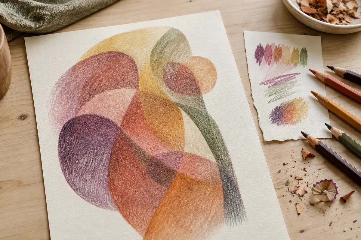 Étude de couleurs superposées aux crayons sur un papier à grain, avec crayons et essais de nuances