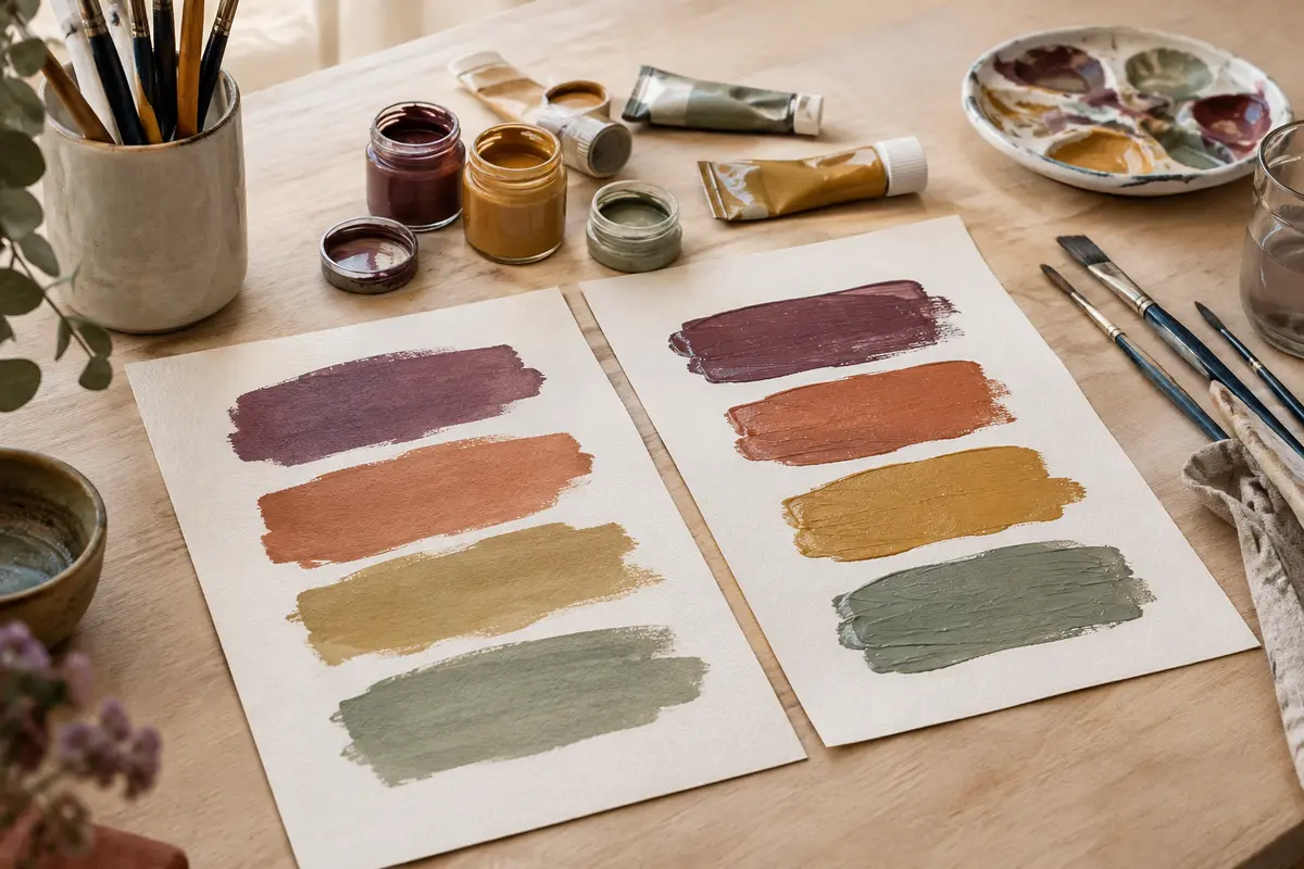 Deux essais de peinture à la gouache et à l’acrylique sur papier, accompagnés de pinceaux et de couleurs.