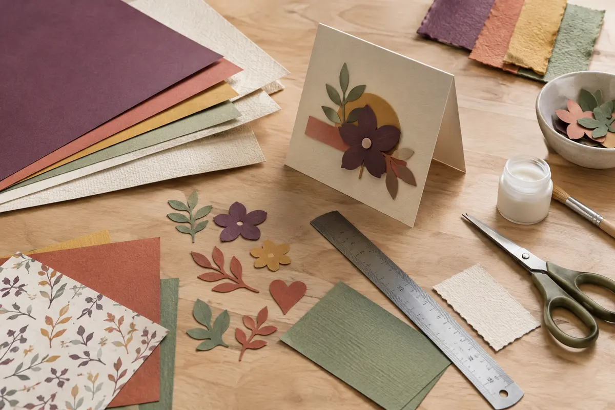 Papiers de scrapbooking de différentes épaisseurs avec une carte pliée et des chutes découpées