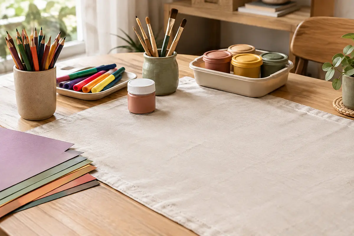 Matériel de dessin, papier, pinceaux et gouache disposés sur une table protégée pour une activité créative.