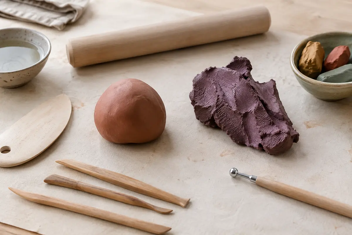 Outils de modelage disposés près d’une pâte lisse et d’une chute décorée de textures