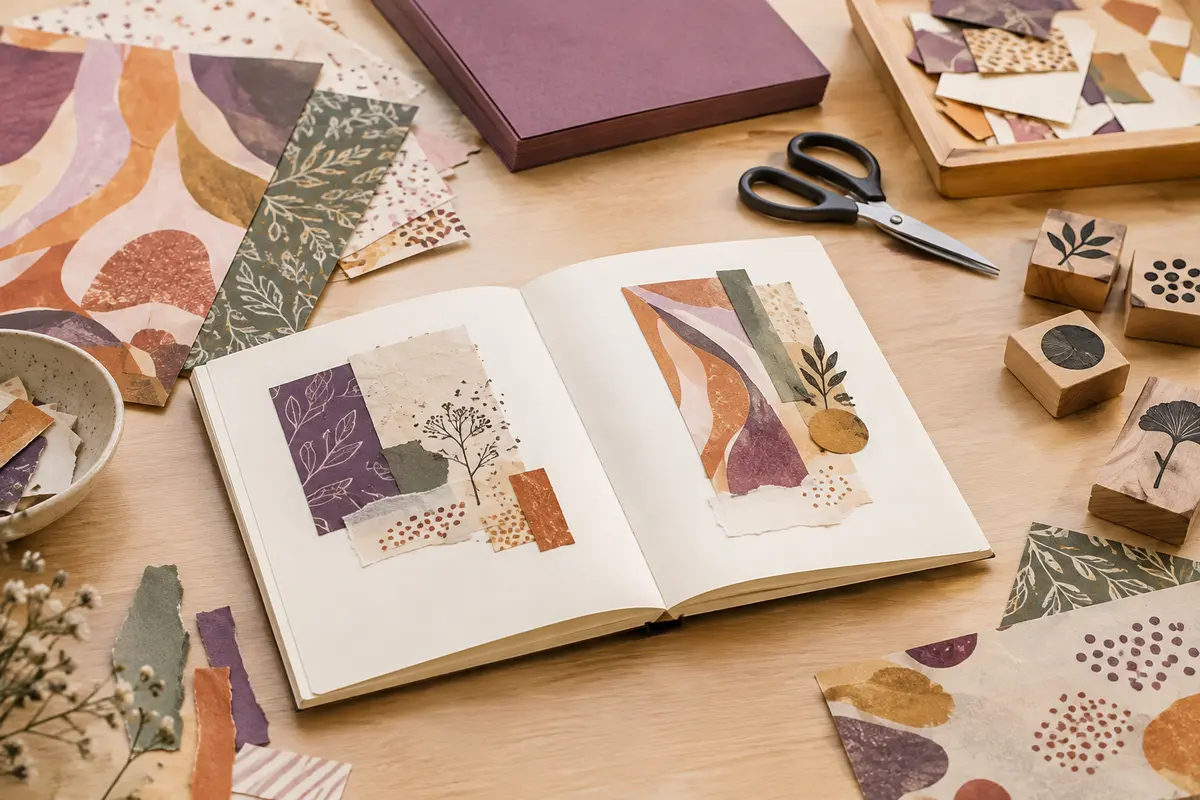 Papiers décorés, chutes et tampons créatifs réunis pour préparer un projet de scrapbooking