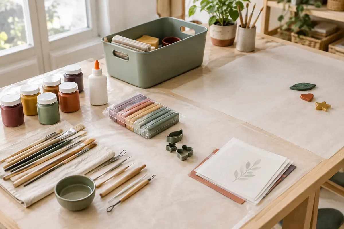 Espace créatif partagé organisé avec peintures, colle, pâte à modeler, outils et notices
