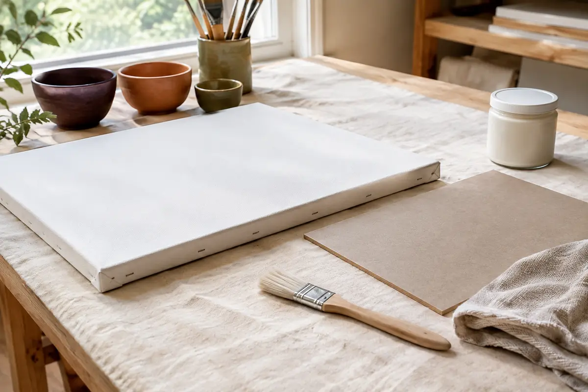 Toile et carton propres posés à plat avec un pinceau souple et un chiffon pour préparer la peinture
