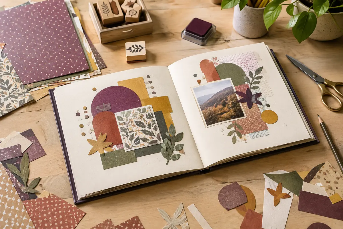 Album de scrapbooking composé de motifs originaux, papiers colorés, ciseaux et tampons décoratifs