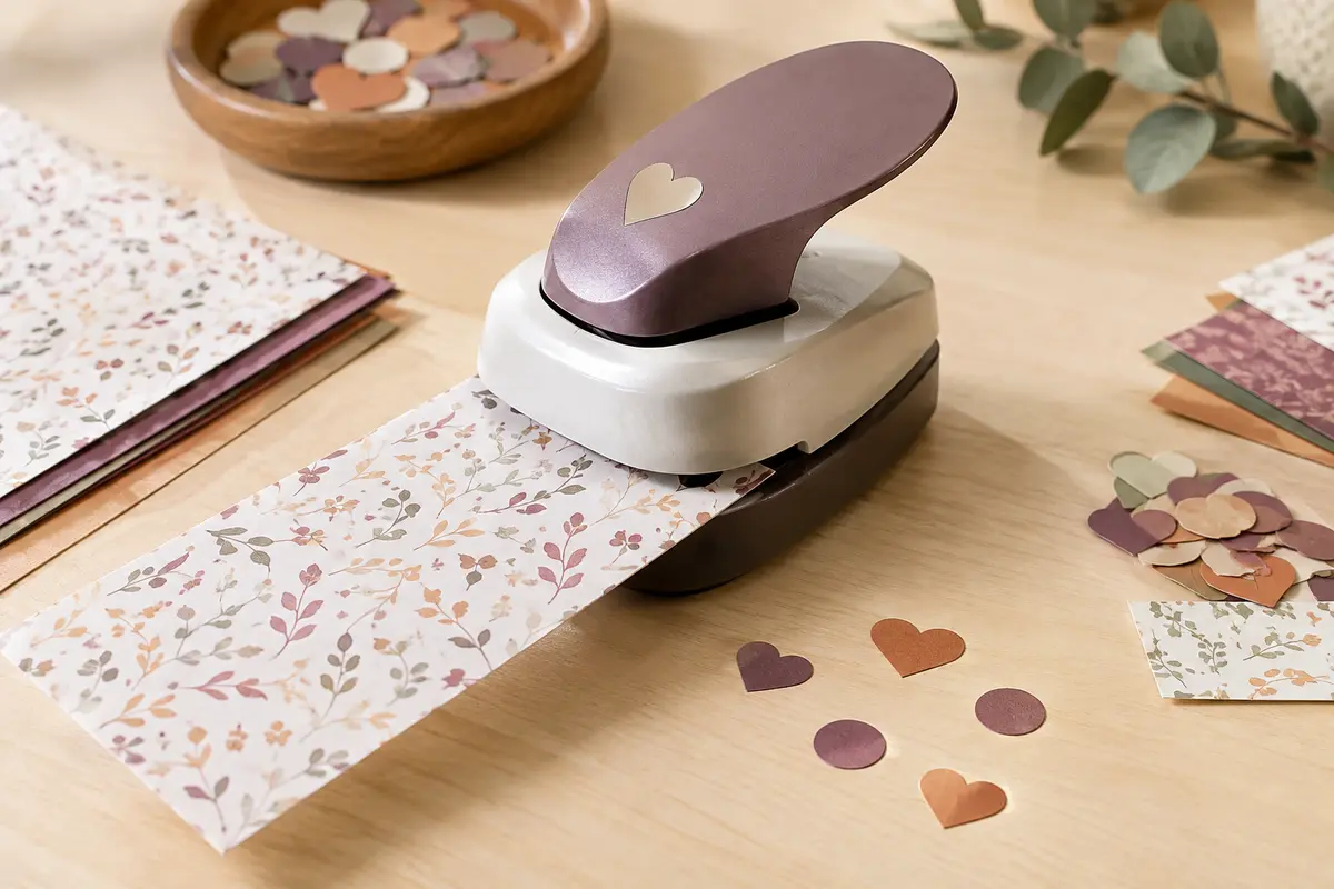 Perforatrice à papier alignée sur une feuille de scrapbooking avec des motifs découpés à côté