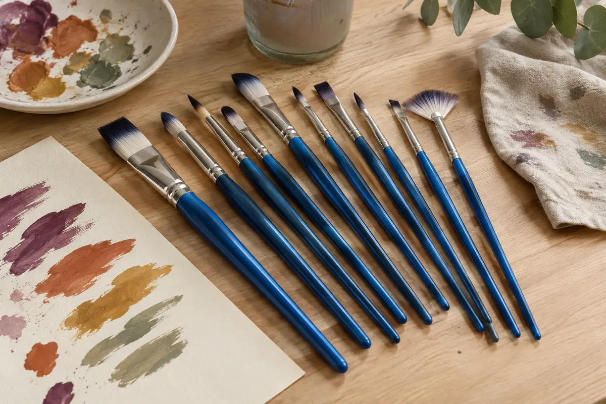 Dix pinceaux en nylon aux manches bleus disposés sur une table d’atelier près d’essais de peinture