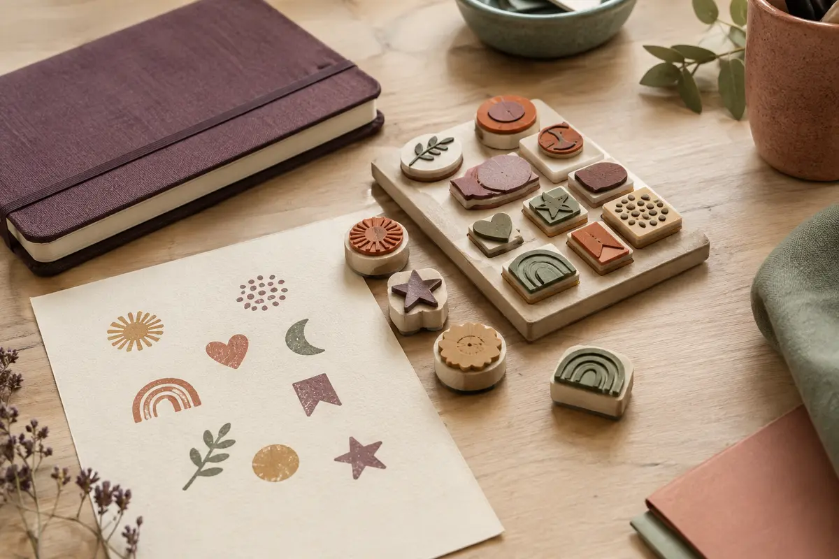 Kit de tampons en mousse pour bullet journal posé près d’un carnet et d’empreintes sur papier crème