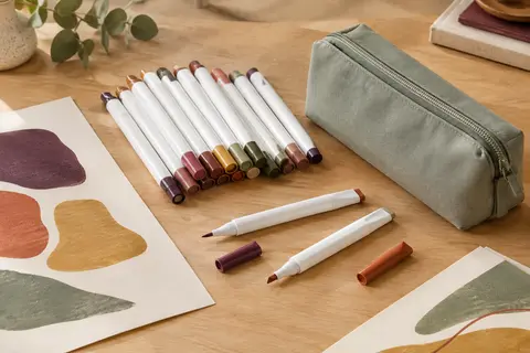 Feutres blancs à double pointe, capuchons multicolores et pochette zippée posés sur une table d’atelier