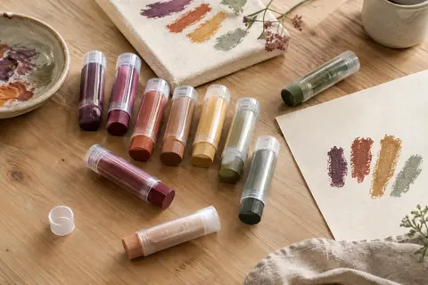 Douze sticks de gouache solide multicolores disposés sur une table d’atelier avec du papier crème.