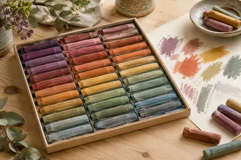 Assortiment de 48 pastels à l’huile doux disposés près d’une feuille d’essai sur une table d’atelier