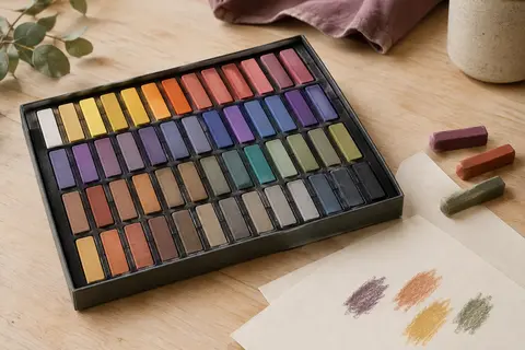 Pastels doux carrés Artecho rangés dans leur coffret ouvert sur une table d’atelier claire