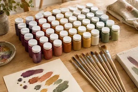 Ensemble de peintures acryliques multicolores et pinceaux disposés sur une table d’atelier en bois clair