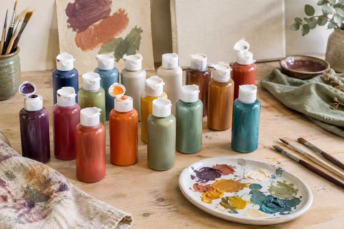 Flacons de peinture acrylique aux couleurs variées disposés près d’une palette sur une table d’atelier