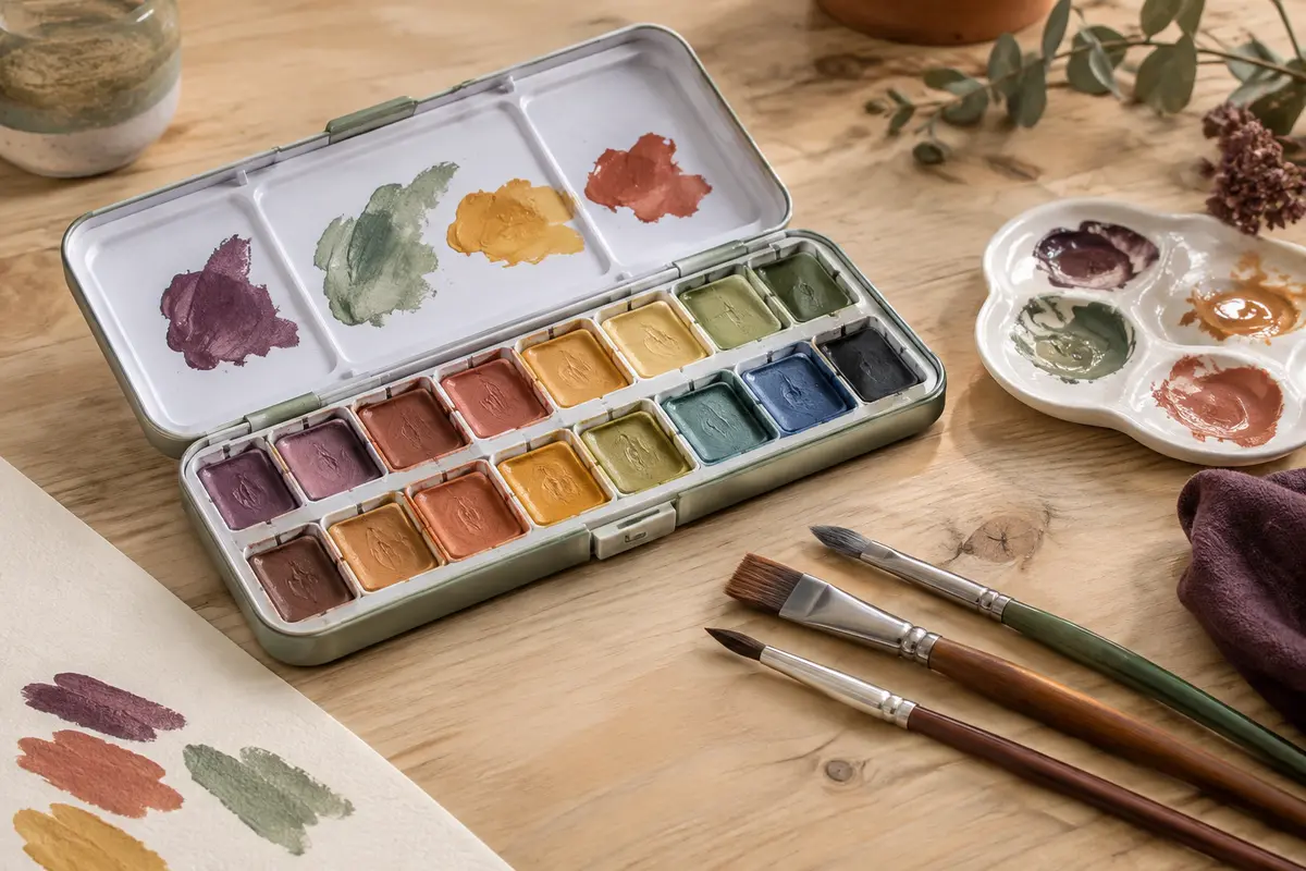 Kit de gouache aux godets doubles avec trois pinceaux et palette sur une table d’atelier claire