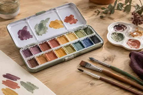Kit de gouache aux godets doubles avec trois pinceaux et palette sur une table d’atelier claire