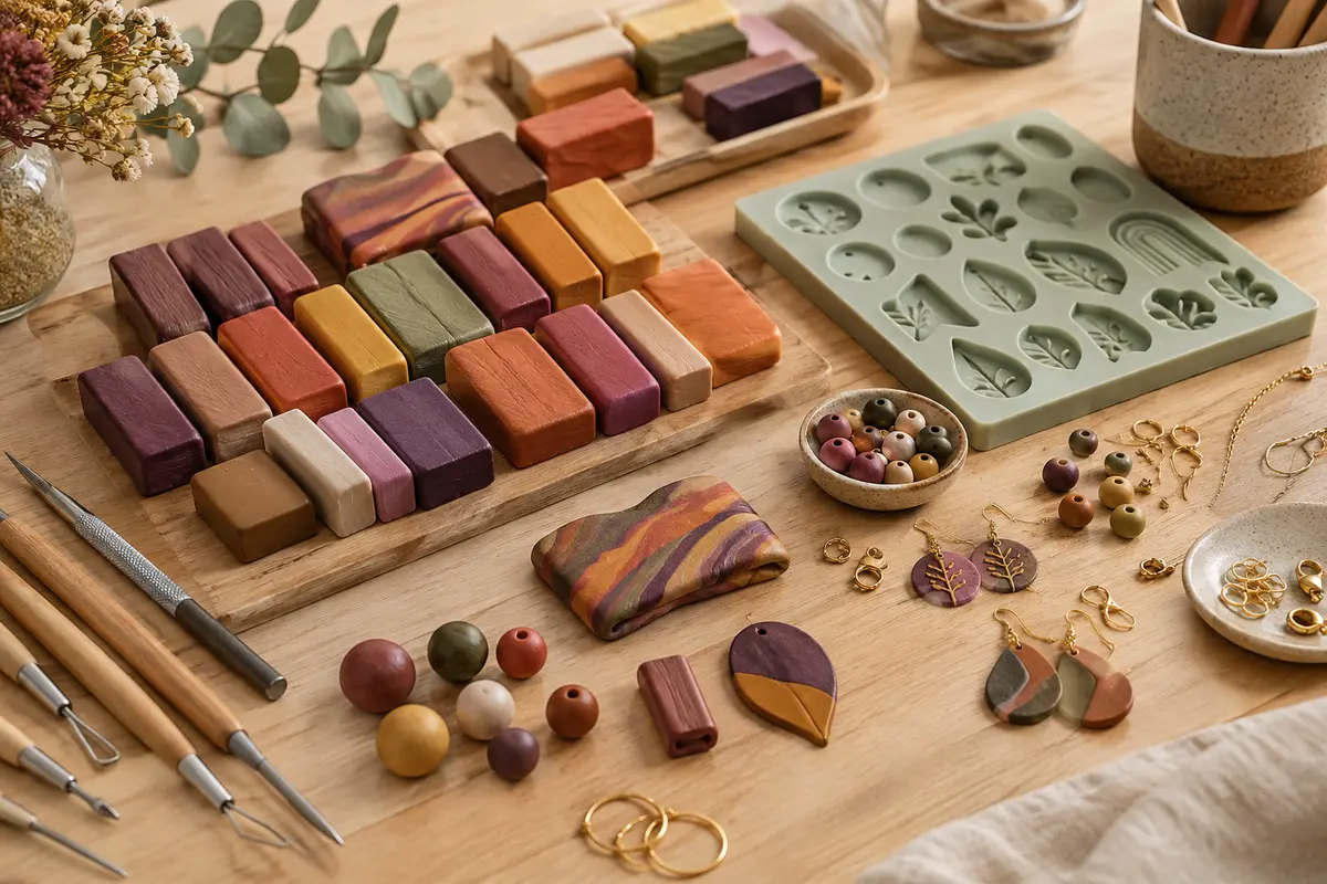 Pains de pâte polymère multicolores, outils de modelage et accessoires de bijouterie sur une table en bois clair