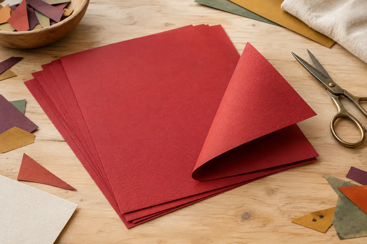 Feuilles de papier cartonné rouge A4 superposées sur une table d’atelier en bois clair