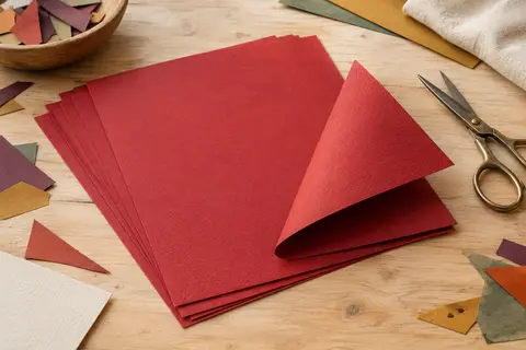 Feuilles de papier cartonné rouge A4 superposées sur une table d’atelier en bois clair