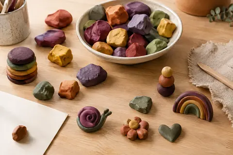 Pâte autodurcissante multicolore et petites formes modelées disposées sur une table d’atelier en bois clair.