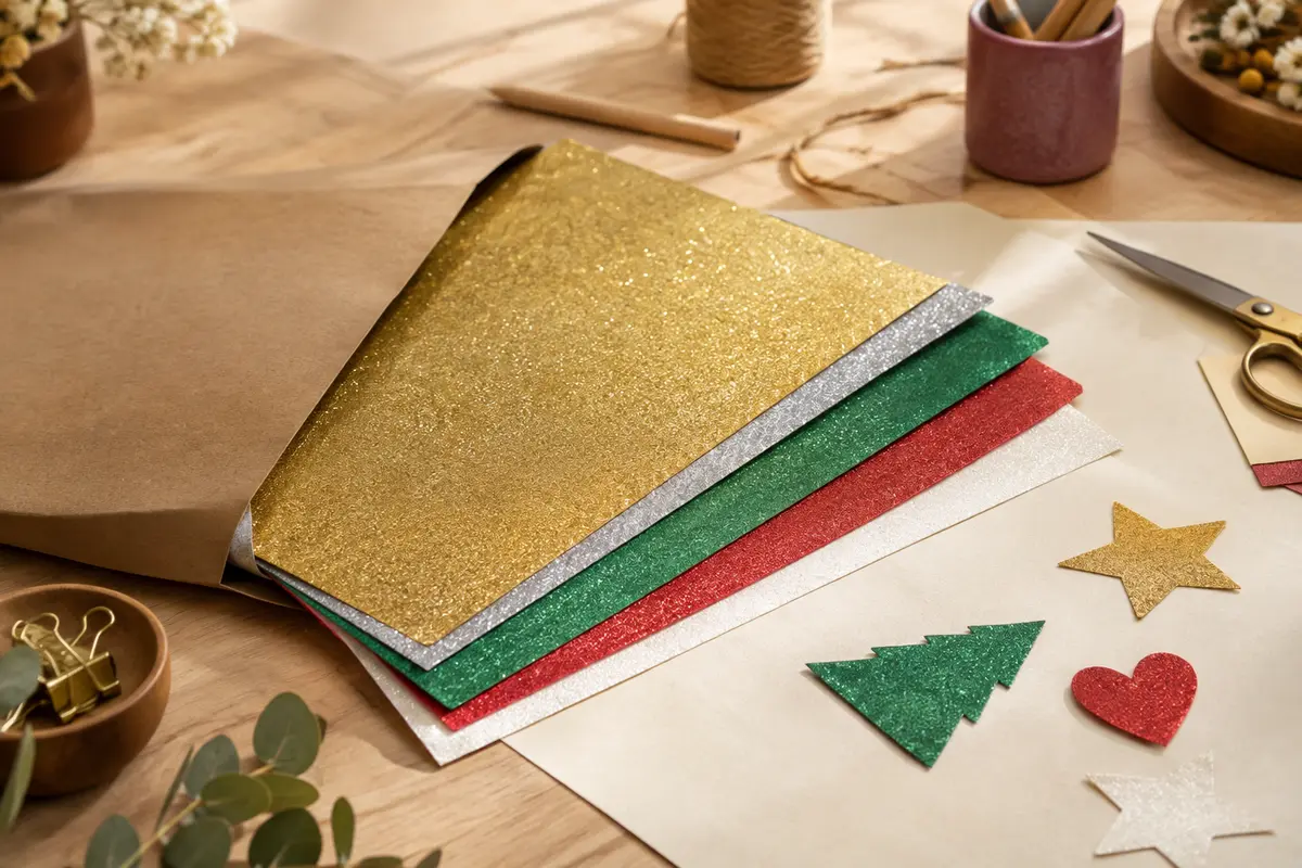 Feuilles cartonnées de Noël à finition pailletée, en or, argent, vert, rouge et blanc, posées sur une table d’atelier.