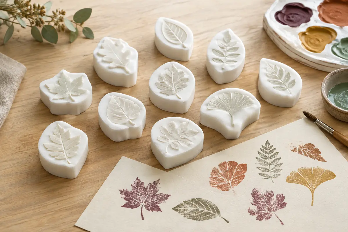 Dix tampons blancs en mousse en forme de feuilles disposés sur du papier crème dans un atelier créatif.