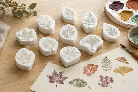 Dix tampons blancs en mousse en forme de feuilles disposés sur du papier crème dans un atelier créatif.
