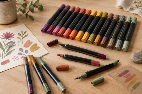 Feutres acryliques Betem à double pointe disposés sur une table d’atelier avec papier et pierre à décorer