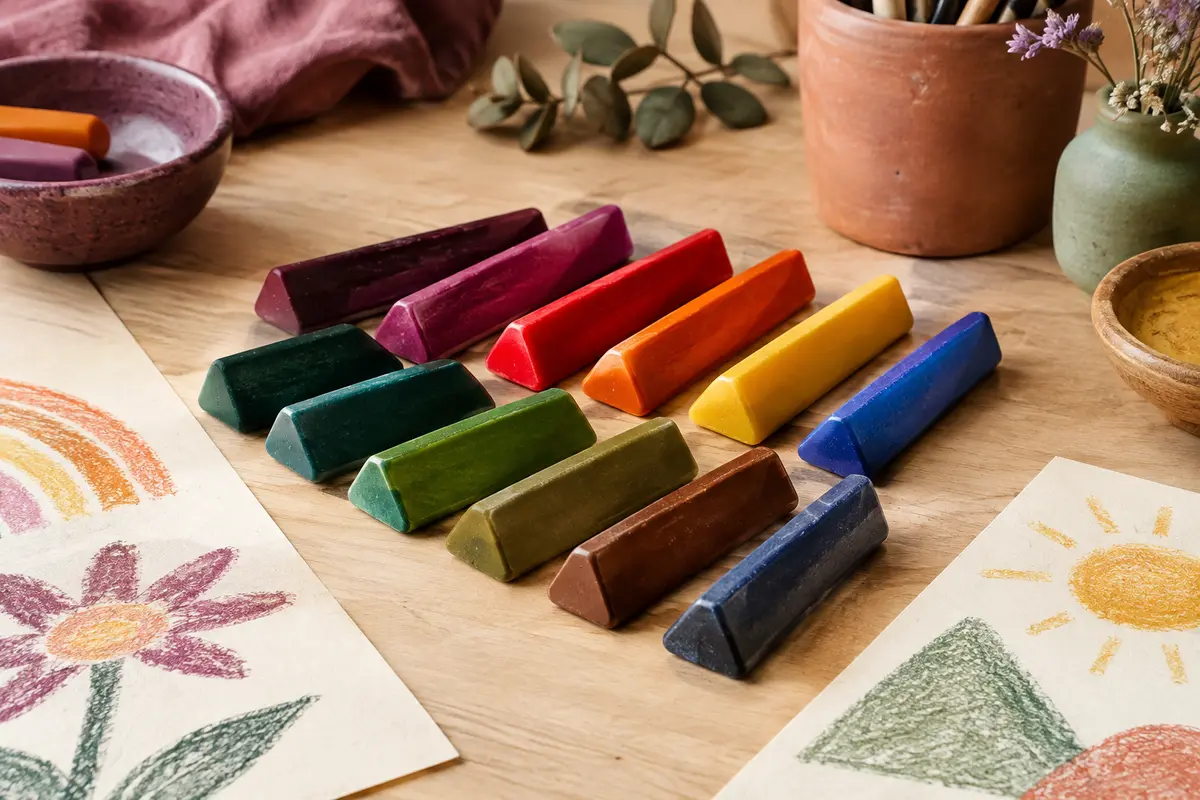 Craies triangulaires de coloriage aux couleurs vives disposées sur une table en bois clair