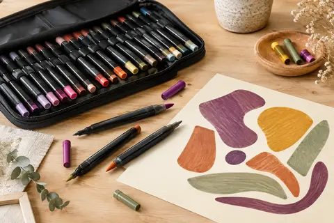 Feutres de dessin colorés à double pointe rangés dans un étui noir ouvert sur une table en bois clair.