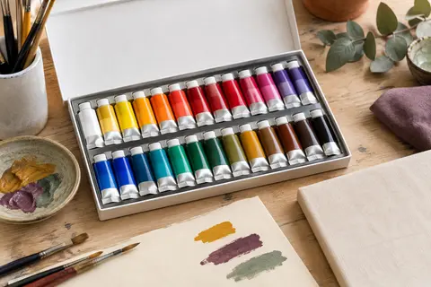 Vingt-quatre tubes de peinture acrylique multicolores rangés dans une boîte fine sur une table d’atelier