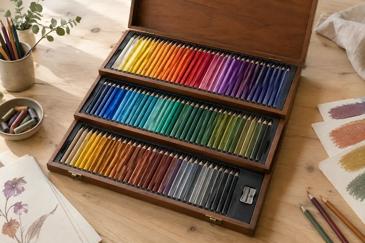 Coffret ouvert de crayons de couleur rangés par teintes, avec trois plateaux et un taille-crayon