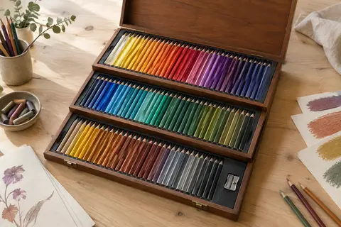 Coffret ouvert de crayons de couleur rangés par teintes, avec trois plateaux et un taille-crayon