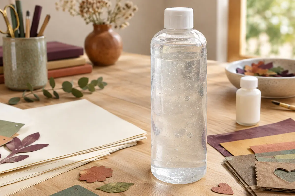 Recharge de colle gel transparente d’un litre posée sur une table avec du papier et des découpes de carton.