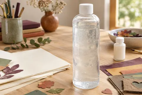 Recharge de colle gel transparente d’un litre posée sur une table avec du papier et des découpes de carton.