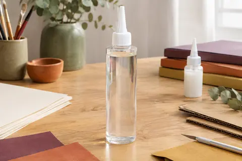 Flacon de recharge de colle transparente posé sur une table d’atelier avec du papier et du carton.