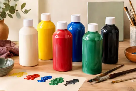 Six bouteilles de gouache colorée sur une table en bois clair avec papier et pinceaux