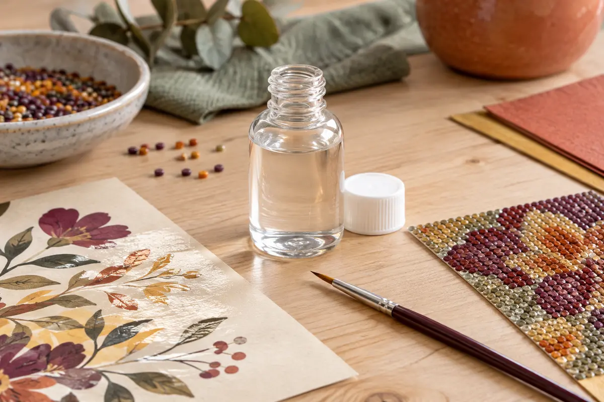 Vernis-colle transparent brillant avec un pinceau, du papier décoré et un motif de diamond painting.