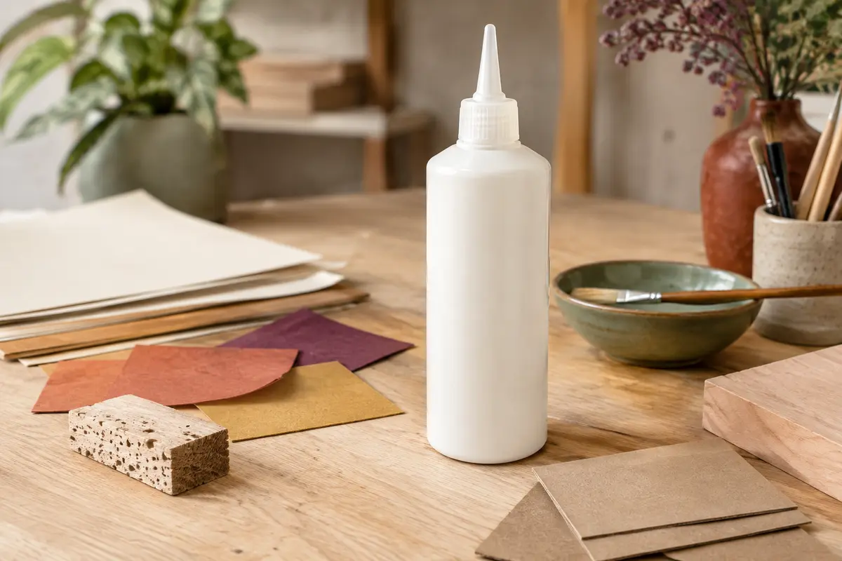 Flacon de colle vinylique blanche à embout fin posé près de papier, carton et bois sur une table claire.