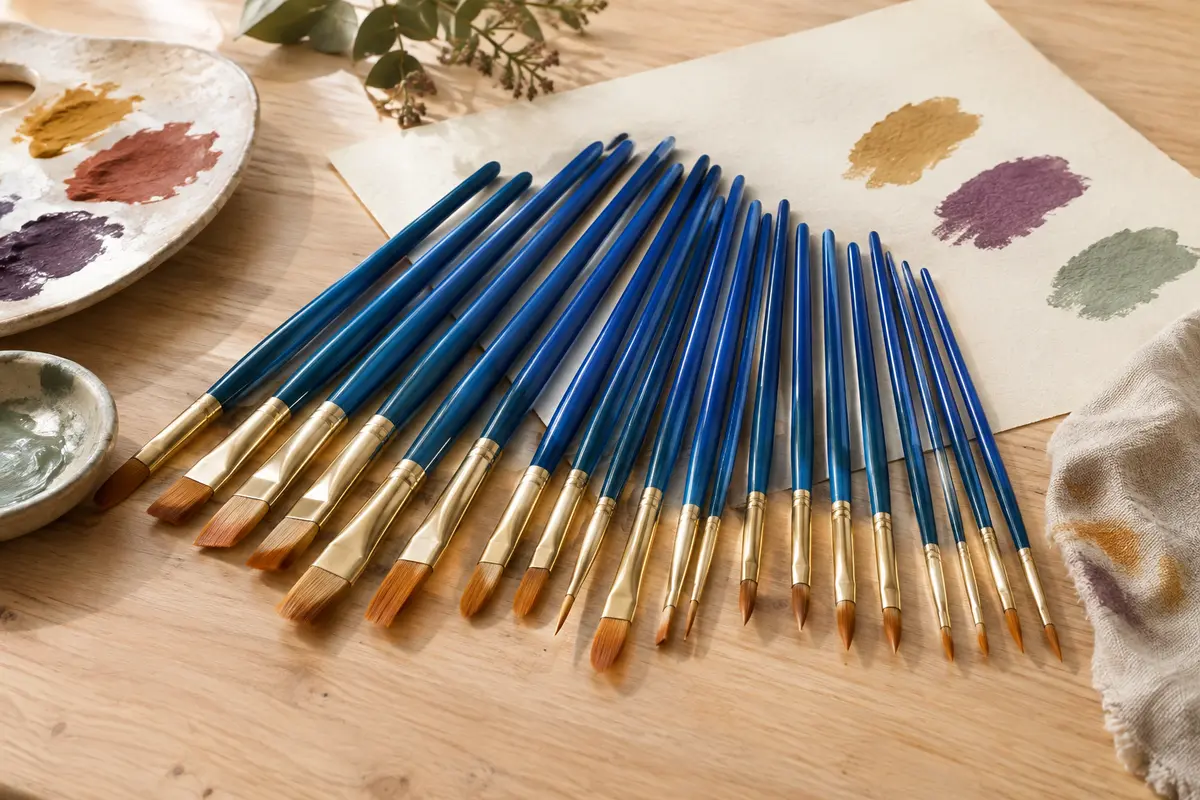 Lot de pinceaux en nylon à manches bleus et viroles dorées posé sur une table d’atelier claire.