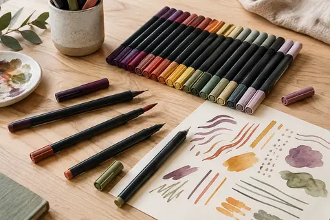 Ensemble de feutres à double pointe posé sur une table claire près d’une feuille colorée.