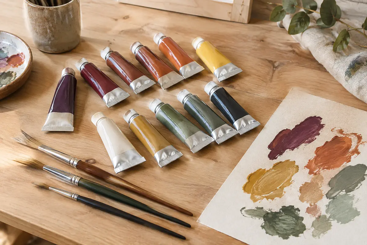 Kit de peinture acrylique aux tubes multicolores et trois pinceaux sur une table d’atelier en bois clair.